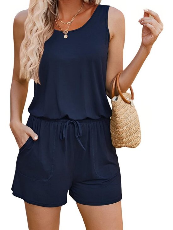 Pants - Women's Navy Blue Summer Sleeveless Scoop Neck Tank Top Casual Short Romper